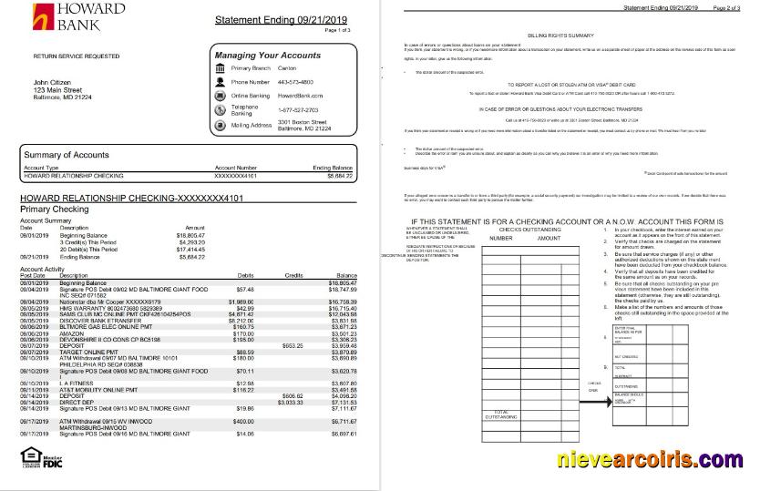 USA Maryland Howard Personal proof of address bank statement in Word and PDF format (4 pages)